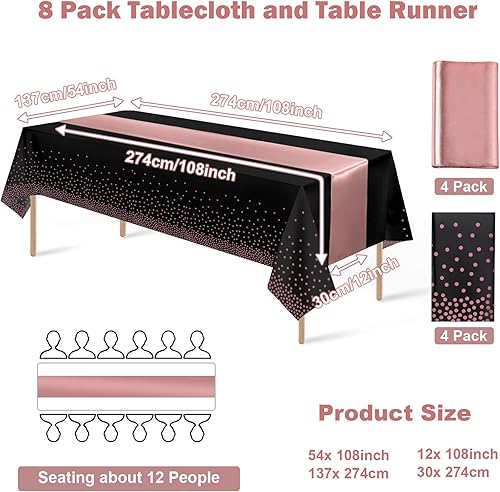 Miniatura 2 de Juego de 8 manteles de plástico desechables y camino de mesa de satén, mantel de punto negro y oro rosa, camino de mesa de satén dorado para boda,