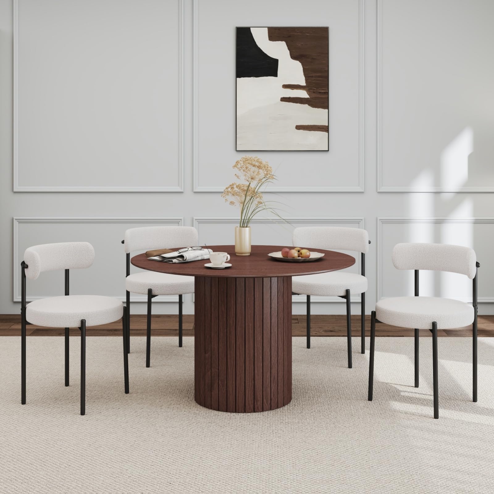 GrandCA HOME Set Tavolo e Sedie da Pranzo: Tavolo da Pranzo Rotondo in Legno da 120 cm + 4 Sedie, Per 4-6 Persone, Marrone Scuro + Bianco