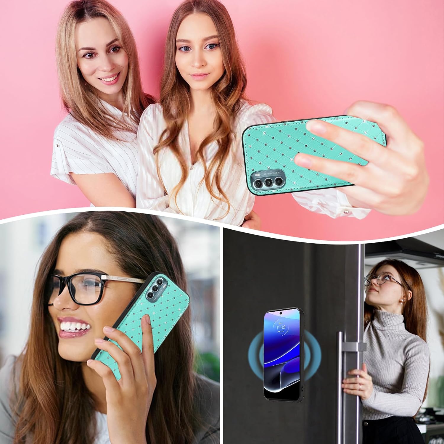 Asuwish Phone Case for Motorola Moto G Stylus 5G 2022 Zipper Wallet Detachable Cell Cover with Screen Protector Crossbody Strap Bling Flip Credit Card Holder XT2215-1 XT2215-4 XT2215DL Women Men Teal