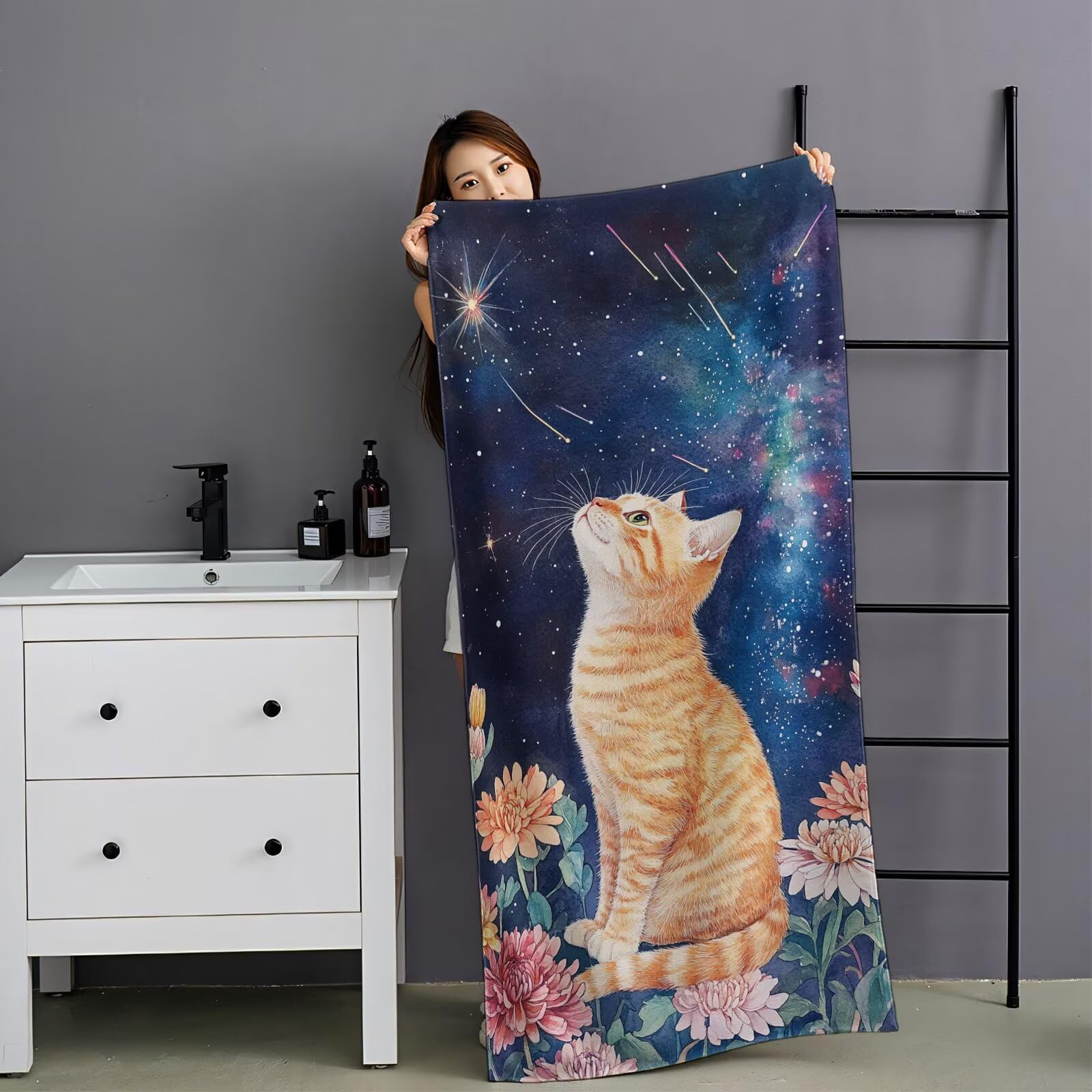 Ręcznik plażowy z mikrofibry z motywem kota, 75 x 150 cm, Meteor, 2 sztuki, szybkoschnący, ultra cienki, lekki, kompaktowy, z torbą, dla kobiet i mężczyzn, na kemping, fitness, urlop YJ-931