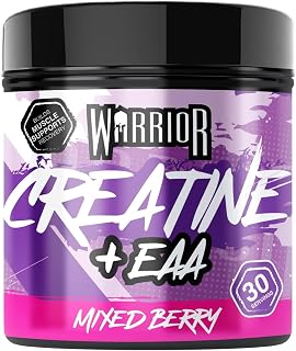 Warrior Creatina + EAA Polvo 270 g, Aminoácidos – Frutos del Bosque | 30 porciones, con aminoácidos esenciales, recuperación y masa muscular, intra-en