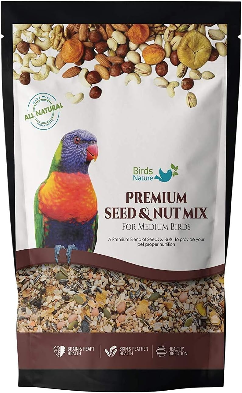 Premium Seed & Nut Mix Food for Medium Birds,Cockatiels,Caiques,Small Conure,Lories and Lorikeets,Poicephalus,Love Birds,Quaker (5kg)