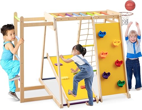 Costzon Zona de juegos interiores, gimnasio Montessori 6 en 1 para niños con tobogán de bebé, pared de escalada en roca, aro de baloncesto, barra de