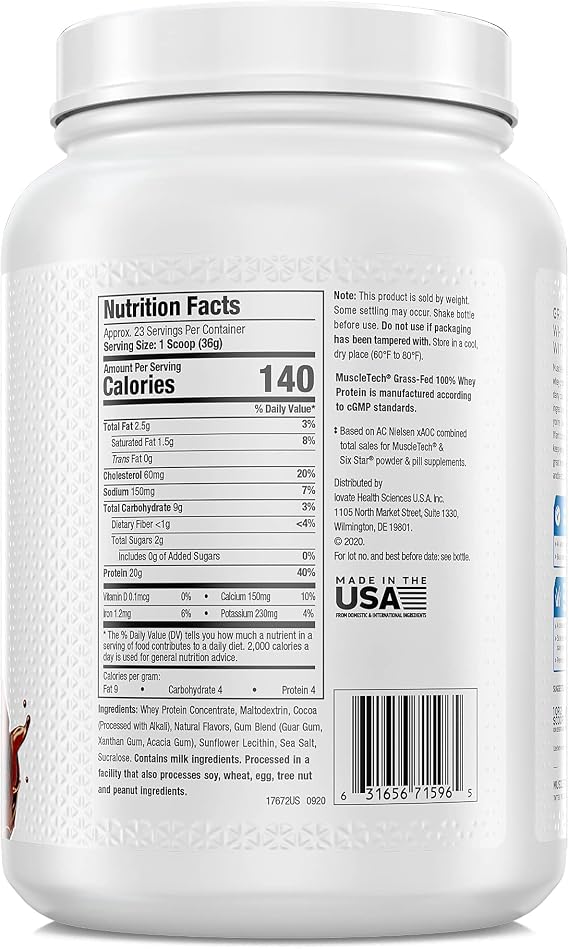 MuscleTech Grass Fed Whey Protein Powder, Triple Chocolate & Deluxe Vanilla, 1.8 lbs Each