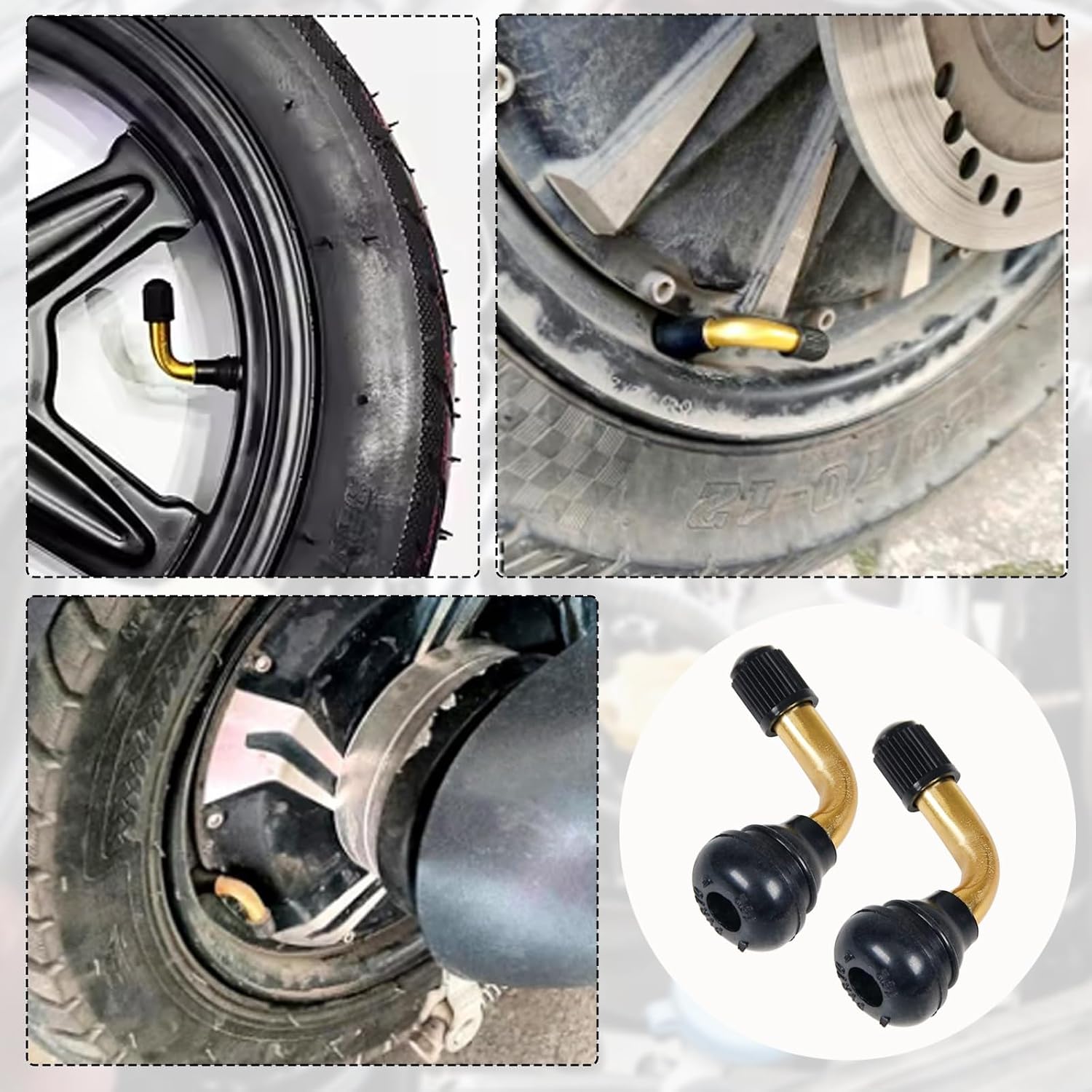 8Pcs Tubeless Tire Valve Stem PVR70, 90 Degree Brass Stem Valve | Bent 90 Degree Angled, Snap-in Black Rubber Base, For Motorcycle Scooter ATV Go Kart