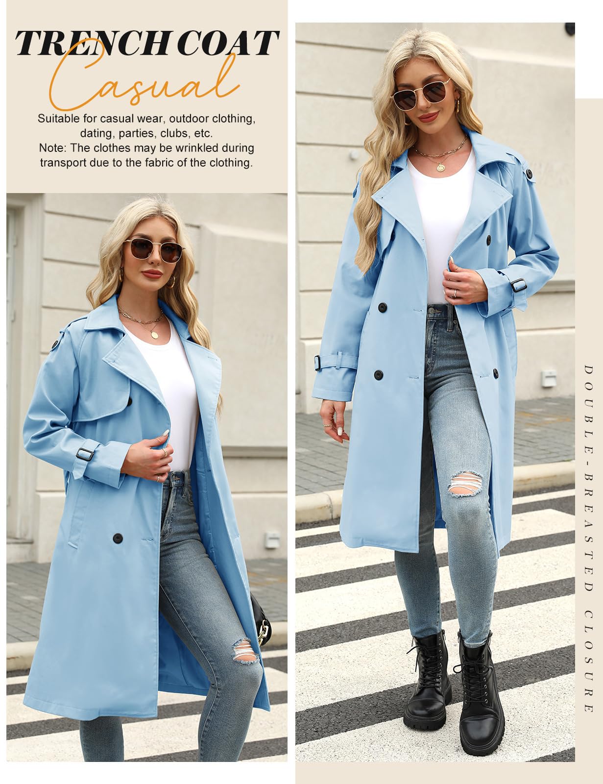 Tuopuda Gabardina para mujer Casual Abrigos con Cinturón Larga Gabardina mujer de Cuello Solapa Clásica Doble Botonadura Cortaviento Trench Chaqueta Primavera Otoño Abrigos