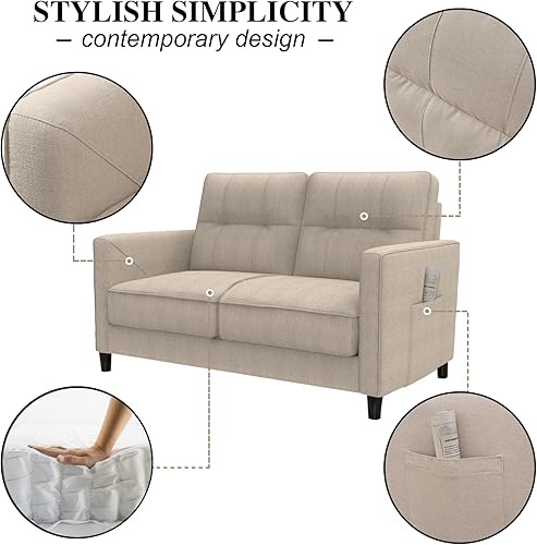 Miniatura 5 de Sofá biplaza de 59 pulgadas para espacios pequeños, muebles de tela para dormitorio, apartamento, estudio, beige claro