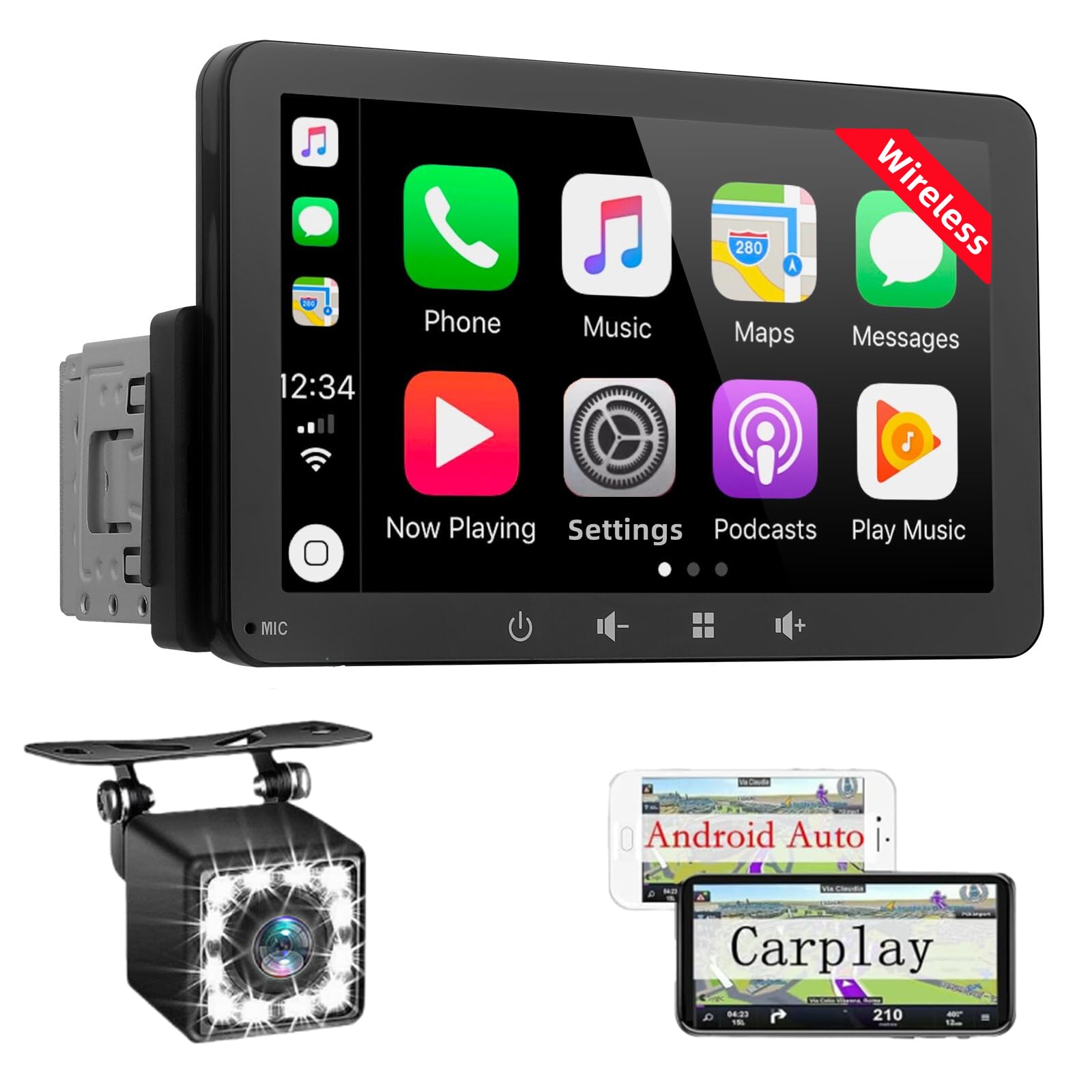Radio Coche 1 DIN con Carplay y Android Auto Inalámbrico - Pantalla Táctil de 7 Pulgadas, Reproductor de Estéreo Bluetooth Soporte Mirror Link para iOS/Android con Cámara de Respaldo