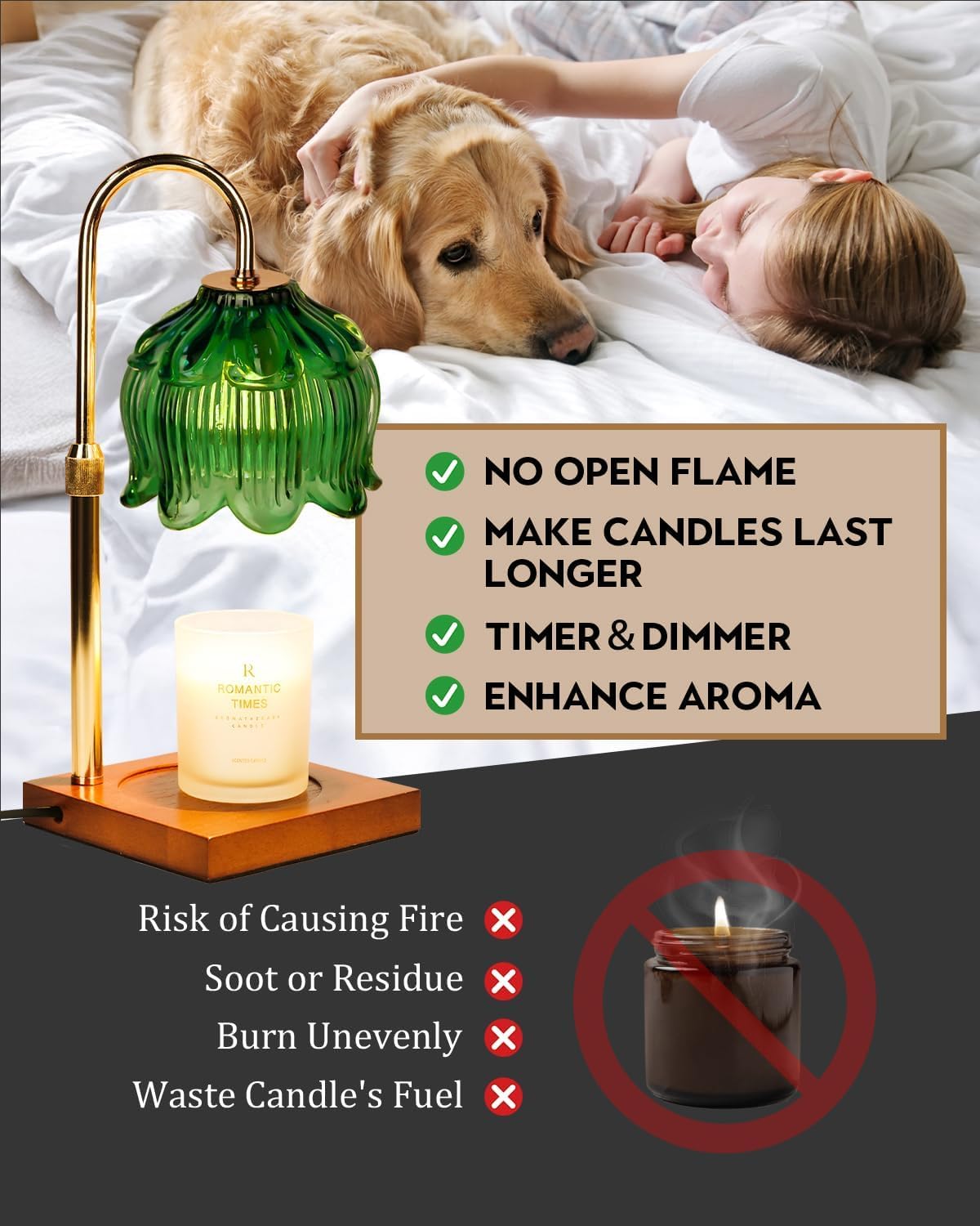 Green Candle Warmer Lamp with Timer & Dimmer, Candle Lamp Warmer Adjustable Height, Mothers Day Birthday Gifts for Women Mom, House Warming New Home Decor,Lotus Flower Wax Warmer for Jar Candles