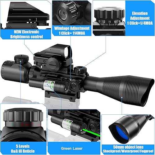 Vista 33 de 4-12/16x50EG Combo de alcance de rifle doble iluminado rojo/verde con láser verde/rojo 4 modelos retícula holográfica punto rojo para montaje en riel