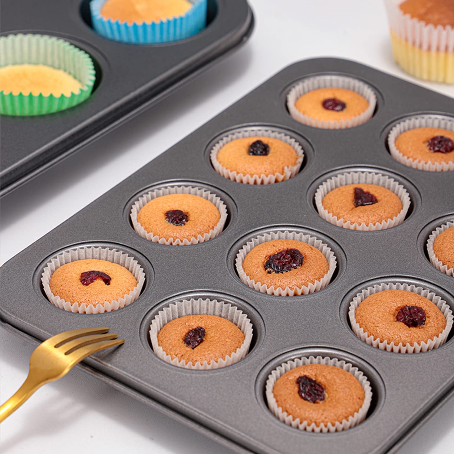 Naczynie do pieczenia, Zestaw 2 foremek do muffinek, małych foremek do pieczenia chleba i ciasta, z nieprzywierającą powłoką, okrągła forma(Gold)