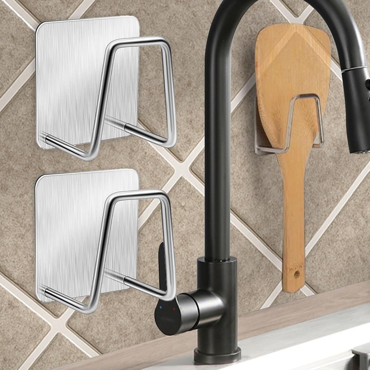 2-Pack Rustproof Stainless Steel Kitchen Hooks - Heavy Duty Adhesive Hangers for Utensils, Towels & Cookware | Waterproof Under Cabinet Organizer, Easy Install Wall Mount-Grey