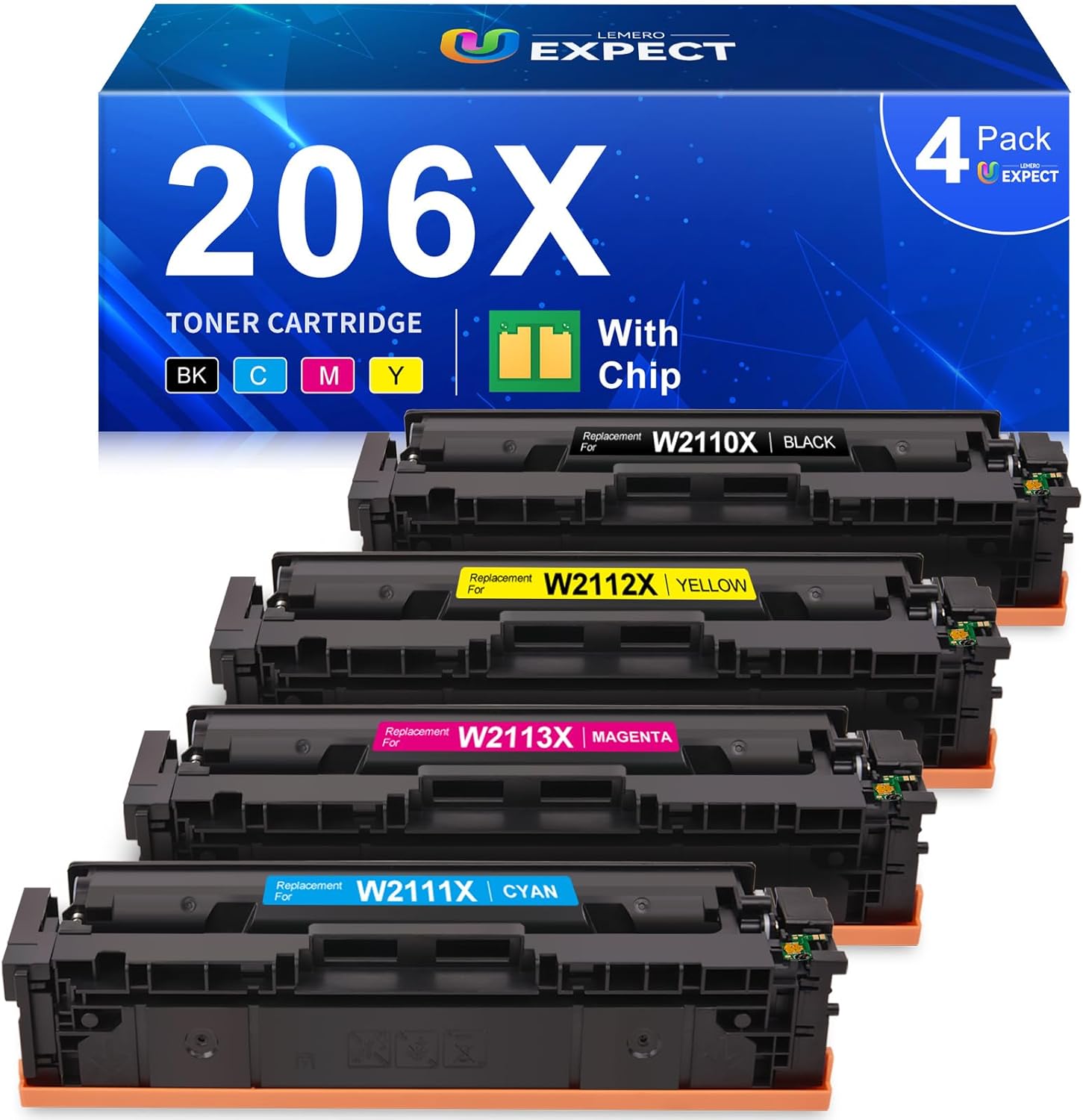 206X Toner Cartridges 4 Pack High Yield with Chip Replacement for 206X 206A HP Toner Cartridges Set for Color Laserjet Pro MFP M283fdw M283cdw M283fdn Pro M255dw M255nw M283 M255 Printer | 206X Toner