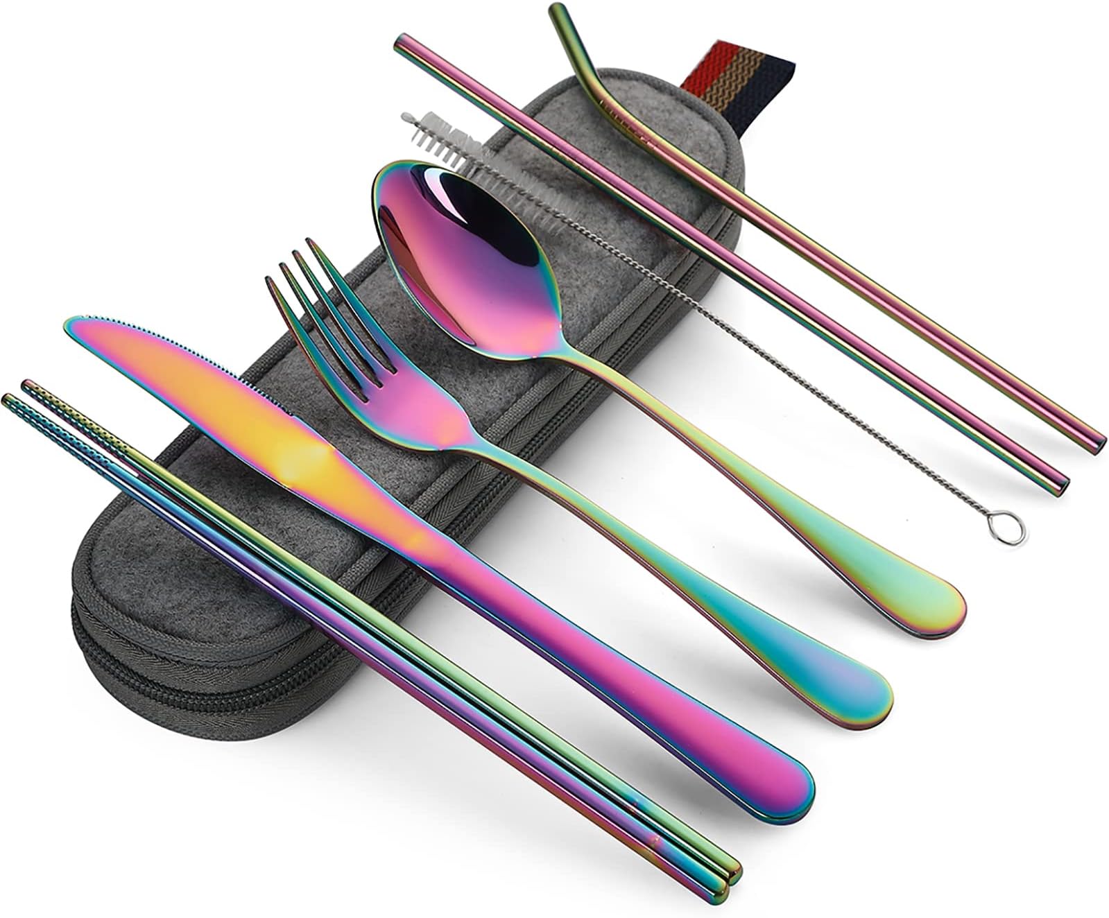 Portable Utensils, Travel Camping Cutlery Set, 8-Piece including Knife Fork Spoon Chopsticks Cleaning Brush Straws Portable Case, Stainless Steel Flatware set (Rainbow)