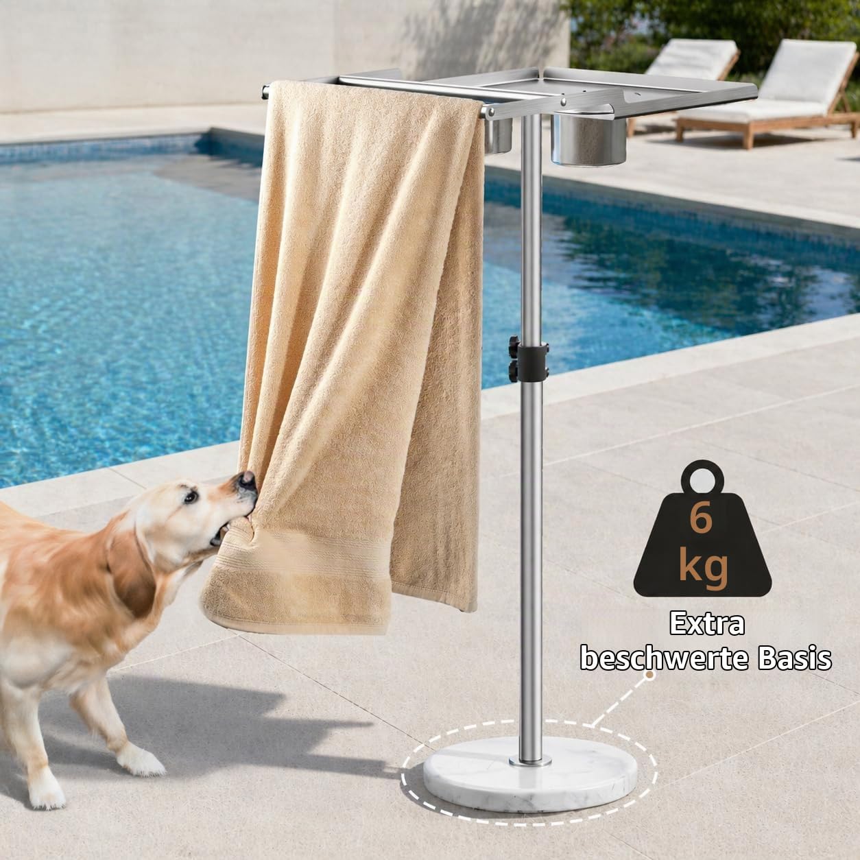 KES Handtuchhalter Outdoor für Whirlpool, Höhenverstellbar Handtuchständer Edelstahl mit 2 Getränkehaltern 360° Drehbar Pool Handtuchhalter Stehend Marmor, Passend für Spa/Pool Gebürstet, OTR201-2