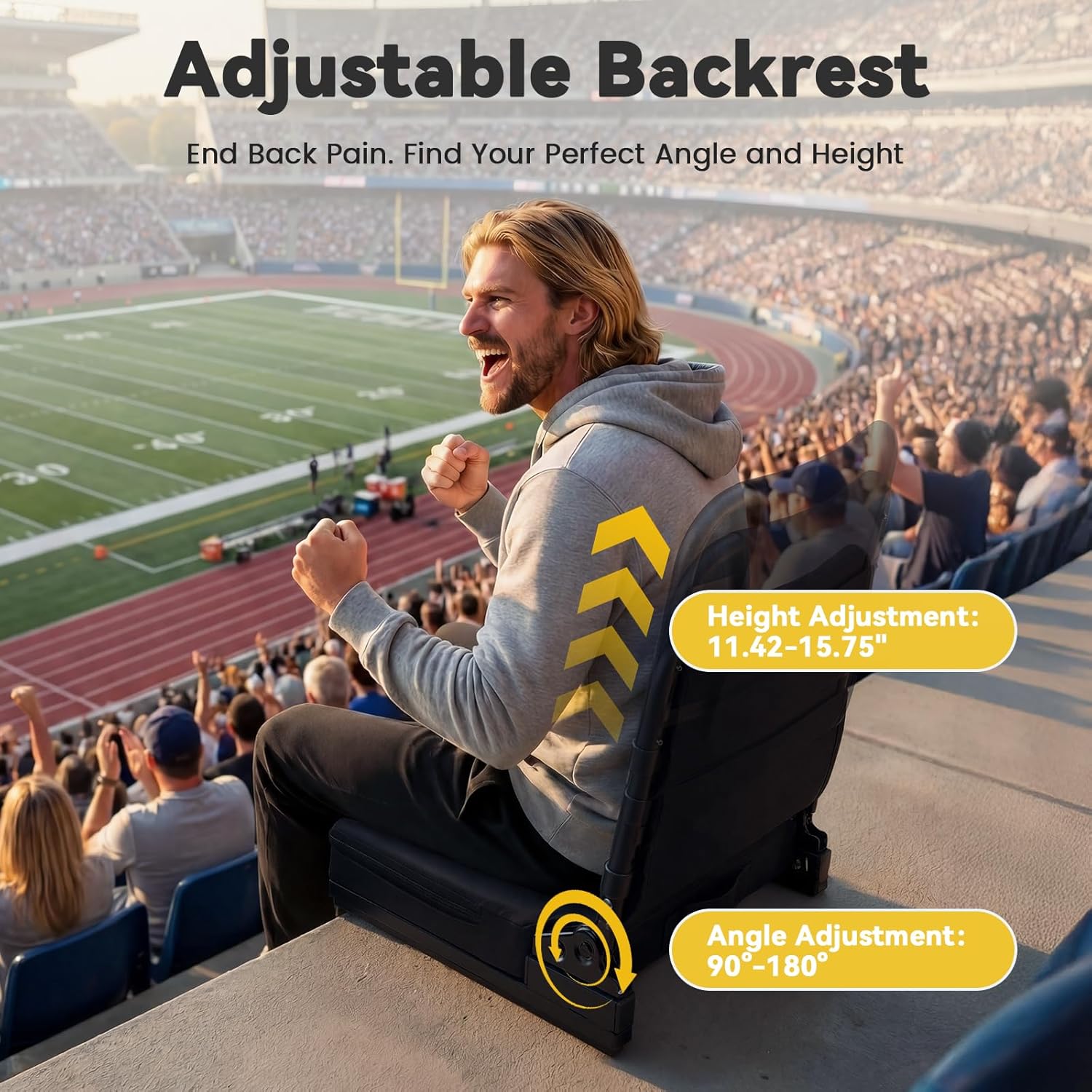 Heated Stadium Seat with Back Support Foldable Bleach Chair,Portable 90-180 °Angle and Adjustable Height Recliner and Thick Cushion,Used for Sports Events & Concerts Includes Shoulder Strap(Heatable)