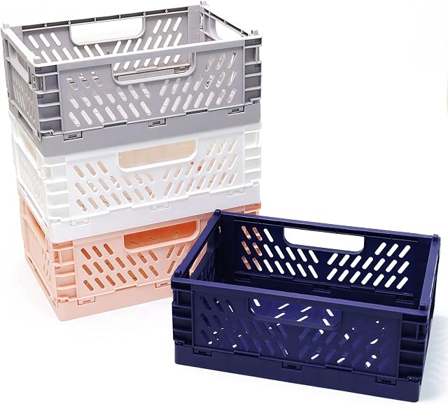 4 PCS Plastic Storage Baskets with Handle, Mini Shelf Folding Storage Crates for Organizing, Drawer Organizers, Collapsible Desktop Organizer for Kitchen, Office, Bathroom, Vanity.