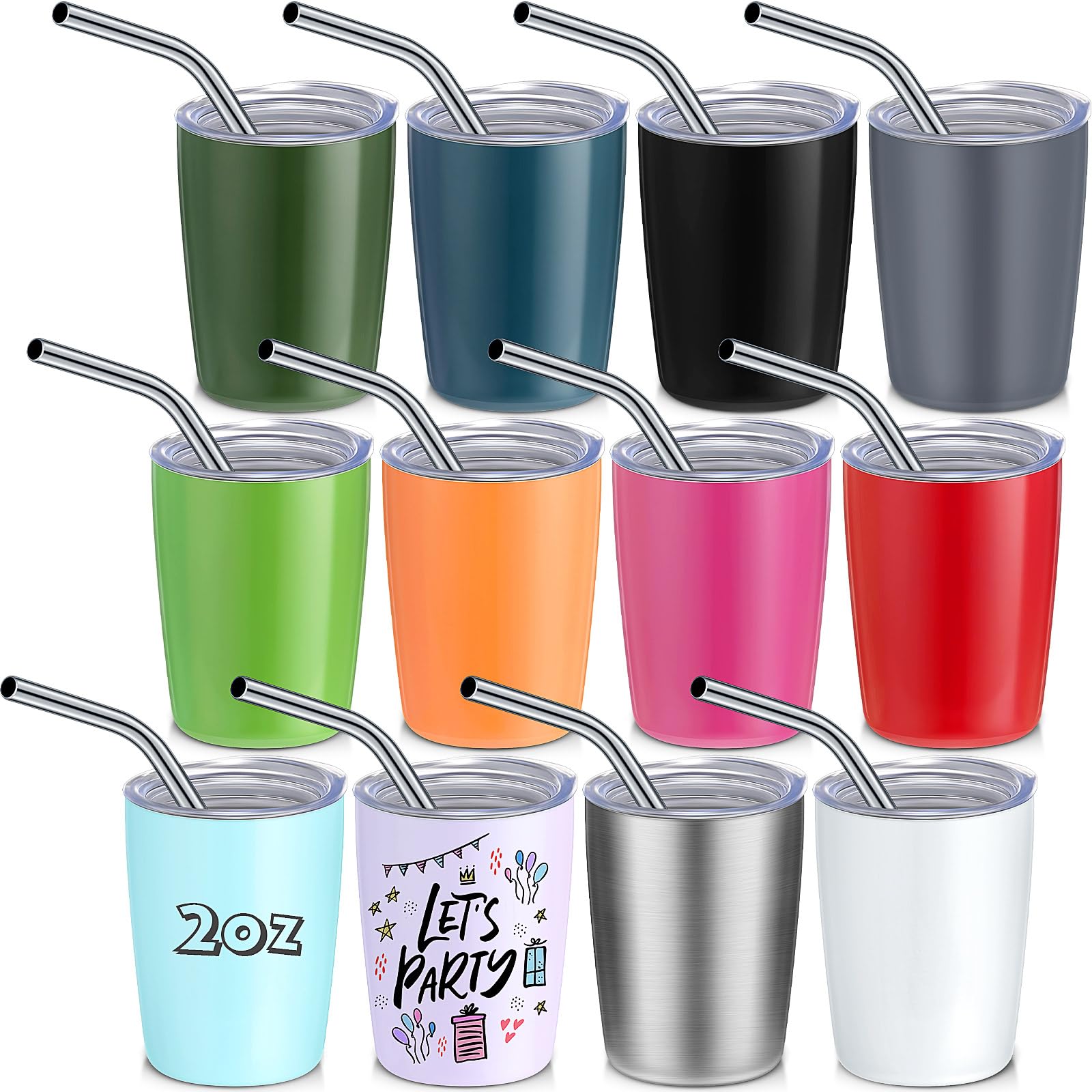 Lemosae 12 Pcs Mini Tumbler Shot With Straw 2oz Cute Shot Glass Tumbler With Lid Set Stainless Steel Espresso Double wall Tumbler Shot Glass Bulk for Party Bar Travel Camping (Multicolor)