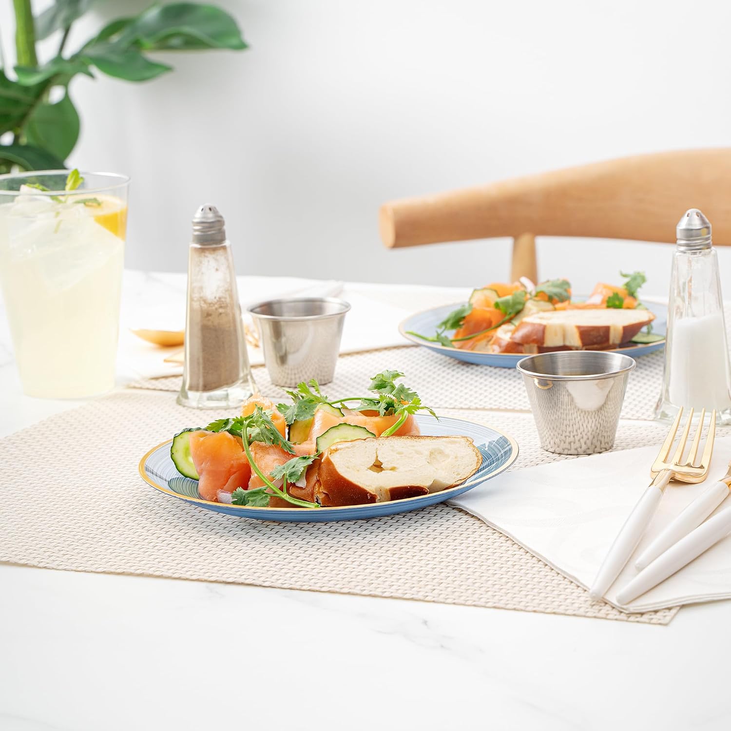 Restaurantware Plastic Plates 100 Pcs 7.25" Gold Rimmed Disposable Plates Heavy-Duty Blue Translucent Rippled Plastic Dinner Servers for Party, Weddings, Salads, Desserts, and Appetizers