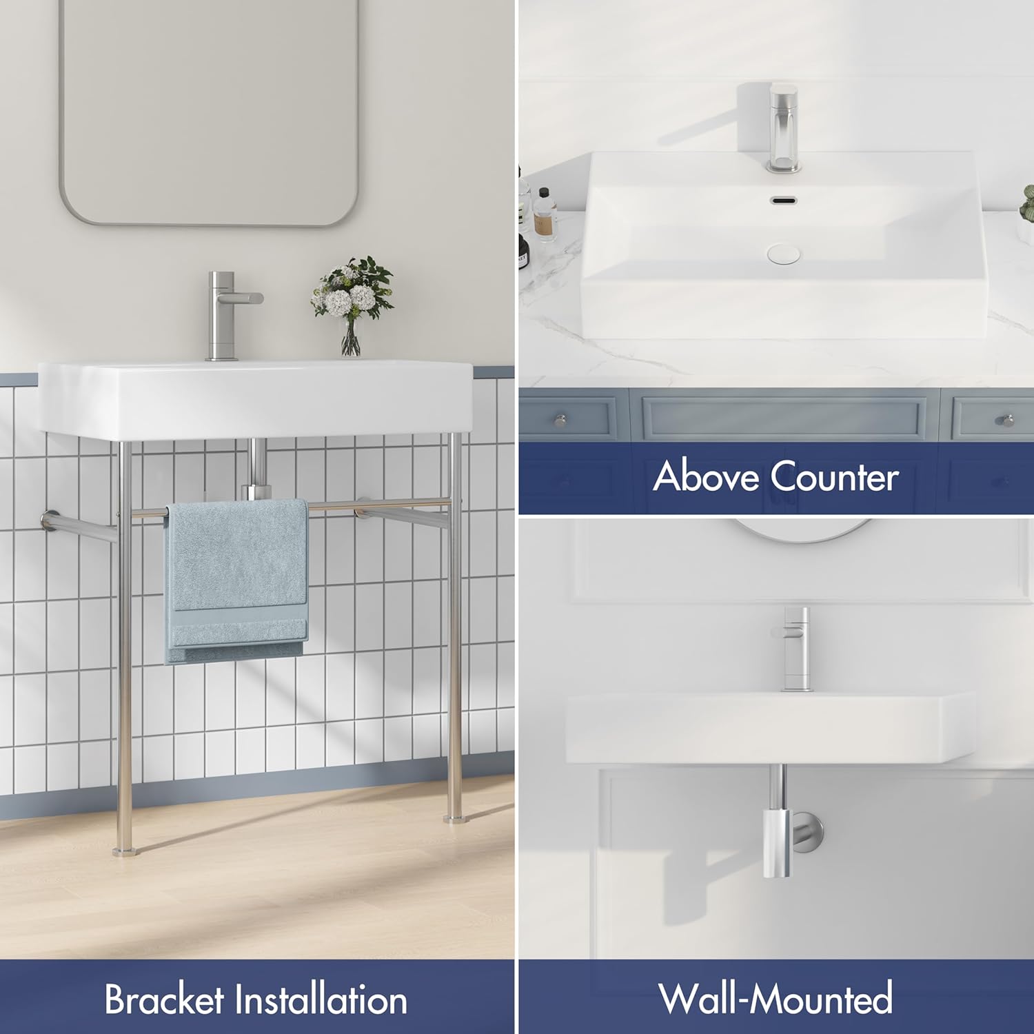 Eridanus 30"x16" Console Bathroom Sink, Free Standing 30 Inch Bracket Stainless Steel Support Pedestal Legs, Wall Mount Vessel Ceramic Vanity Basin, Modern Rectangular Sinks Porcelain, Brushed Nickel