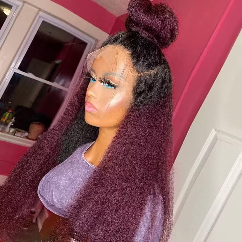 #1B/99j Ombre Kinky Straight HD Lace Front Human Hair Wigs Pre Plucked Transparent 13X4 Lace Front Wigs Burgundy Yaki Straight Brazilian Remy Hair Colored Wigs Glueless Lace Front Wig 150% Density