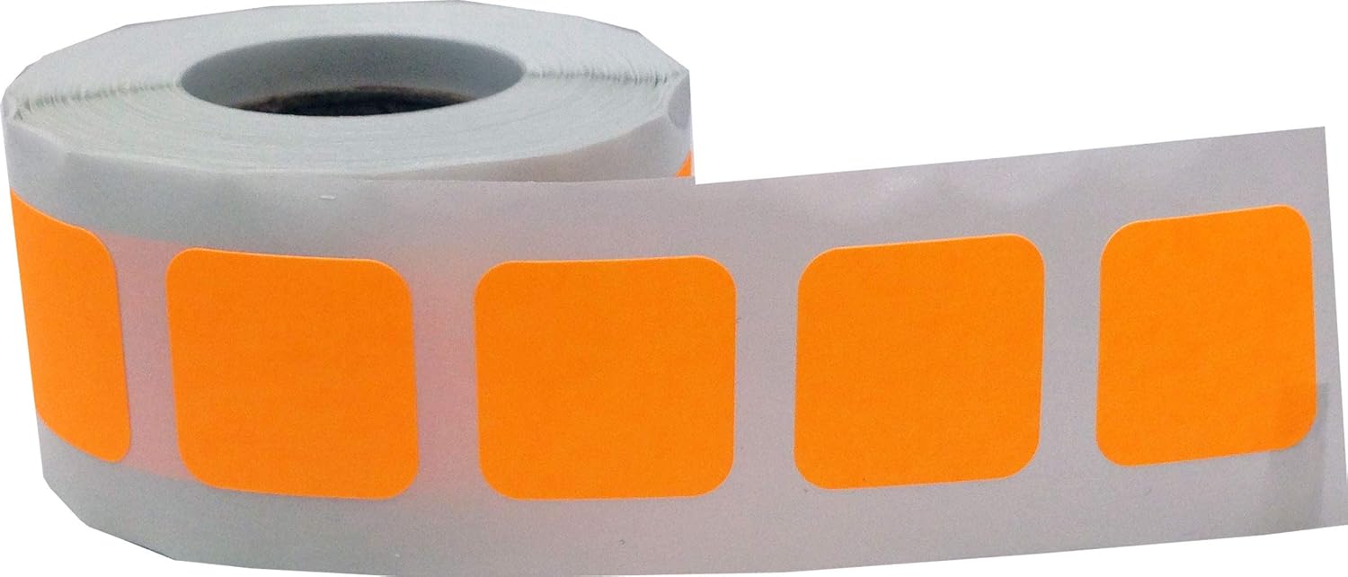Fluorescent Orange Square Color Coding Labels - 3/4 Inch Square Dots, 500 Total Adhesive Stickers on a Roll for Inventory and Organization - Made in the USA
