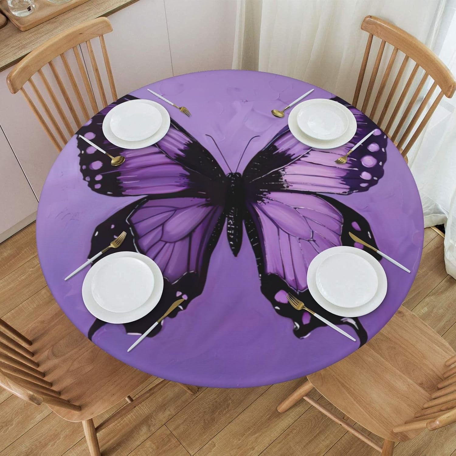 Butterfly Purple Print Outdoor Patio Kitchen Decor Supplies Wipeable Round Table Cloth for Indoor Outdoor