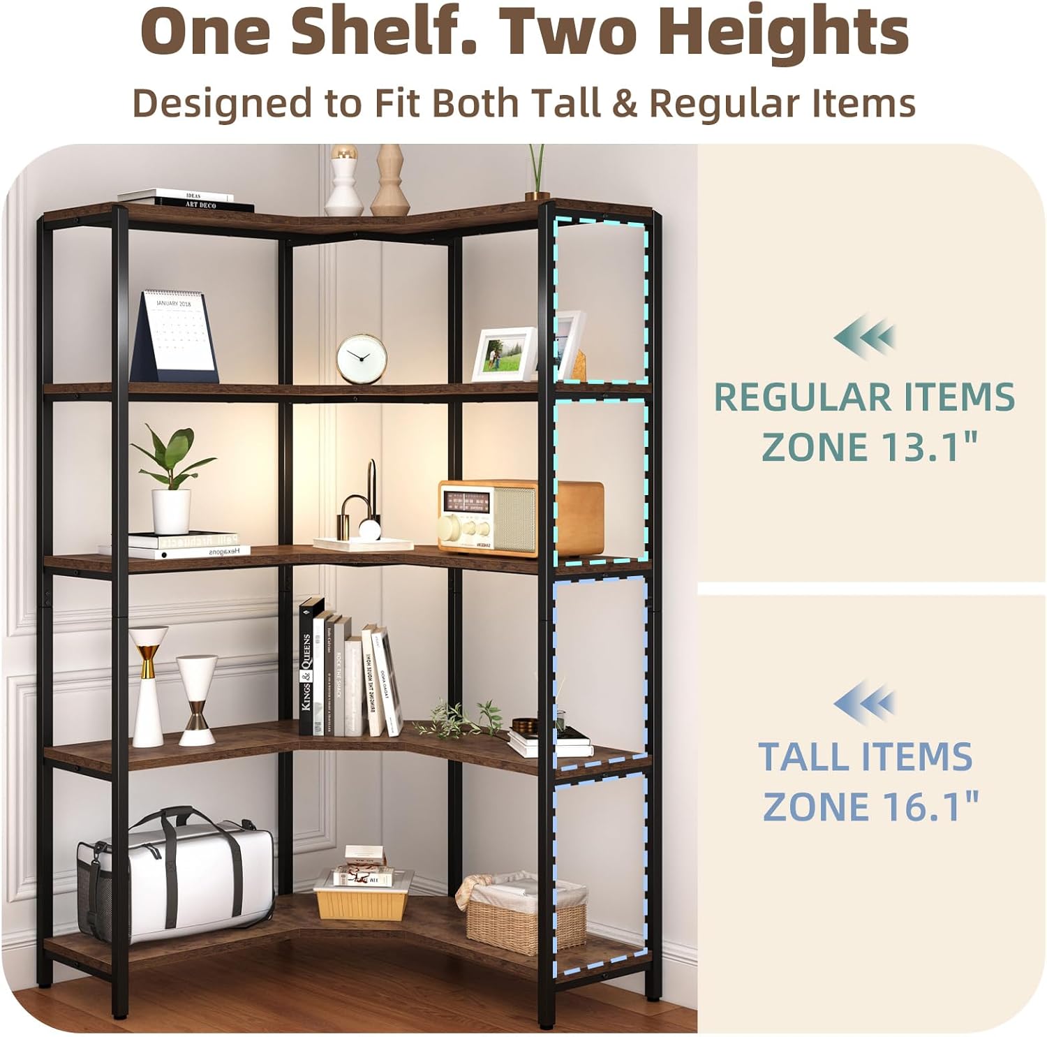 IBF Rustic Bookcases and Book Shelves, L Shaped 5-Tier Corner Bookshelf Book Rack Storage, Industrial Vertical Metal Wood Display Etagere 5 Shelf, Large Book Shelf Case for Bedroom Living Room, Brown