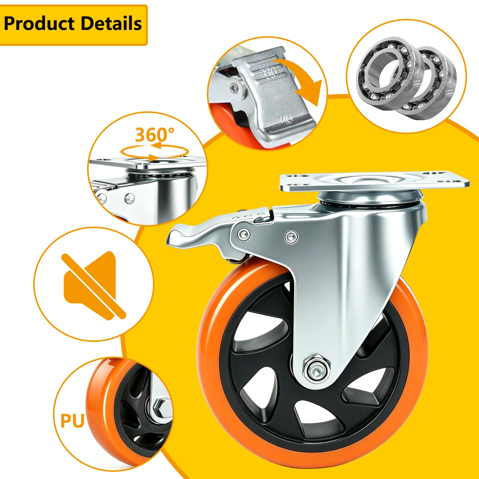 Mobili Ruote per carrelli con Freni, 125mm per carichi Pesanti Ruota Ruote Cuscinetto 800KG Girevole Carrello Ruote con Viti, PU Ruote per Carrello per Mobili