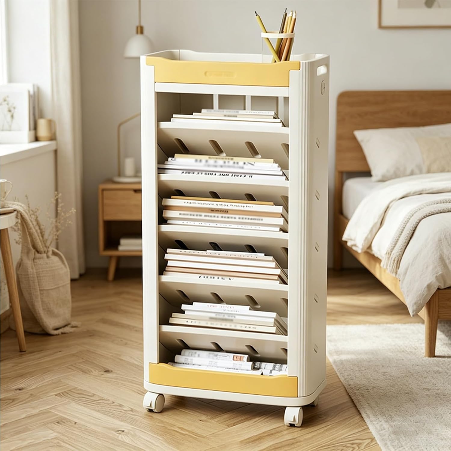 7-Tier Rolling Book Shelf Book Storage Organizer with Wheels Rolling Utility Cart, Sloping Shelf Design, Narrow File Folder Organizer for Classroom Office Study Home(B)
