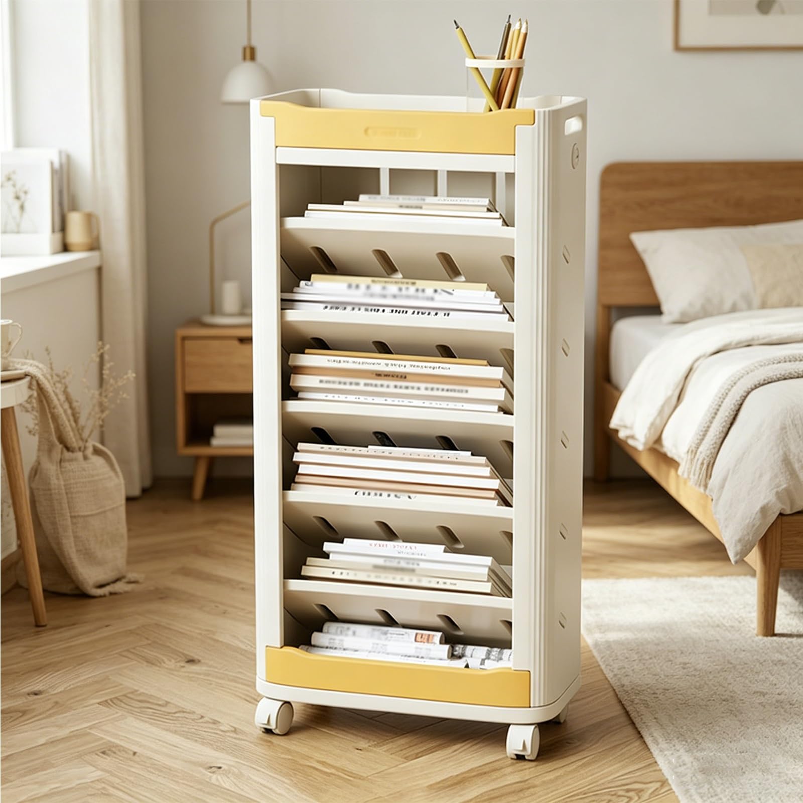 Étagère à livres à roulettes à 7 niveaux et étagère inclinée de maison