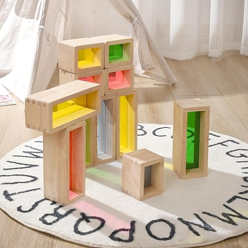 Miniatura 5 de Xylolin Juego de bloques de construcción grandes de madera para niños pequeños de 1 a 3 años, 36 piezas de bloques de ventana grandes de colores