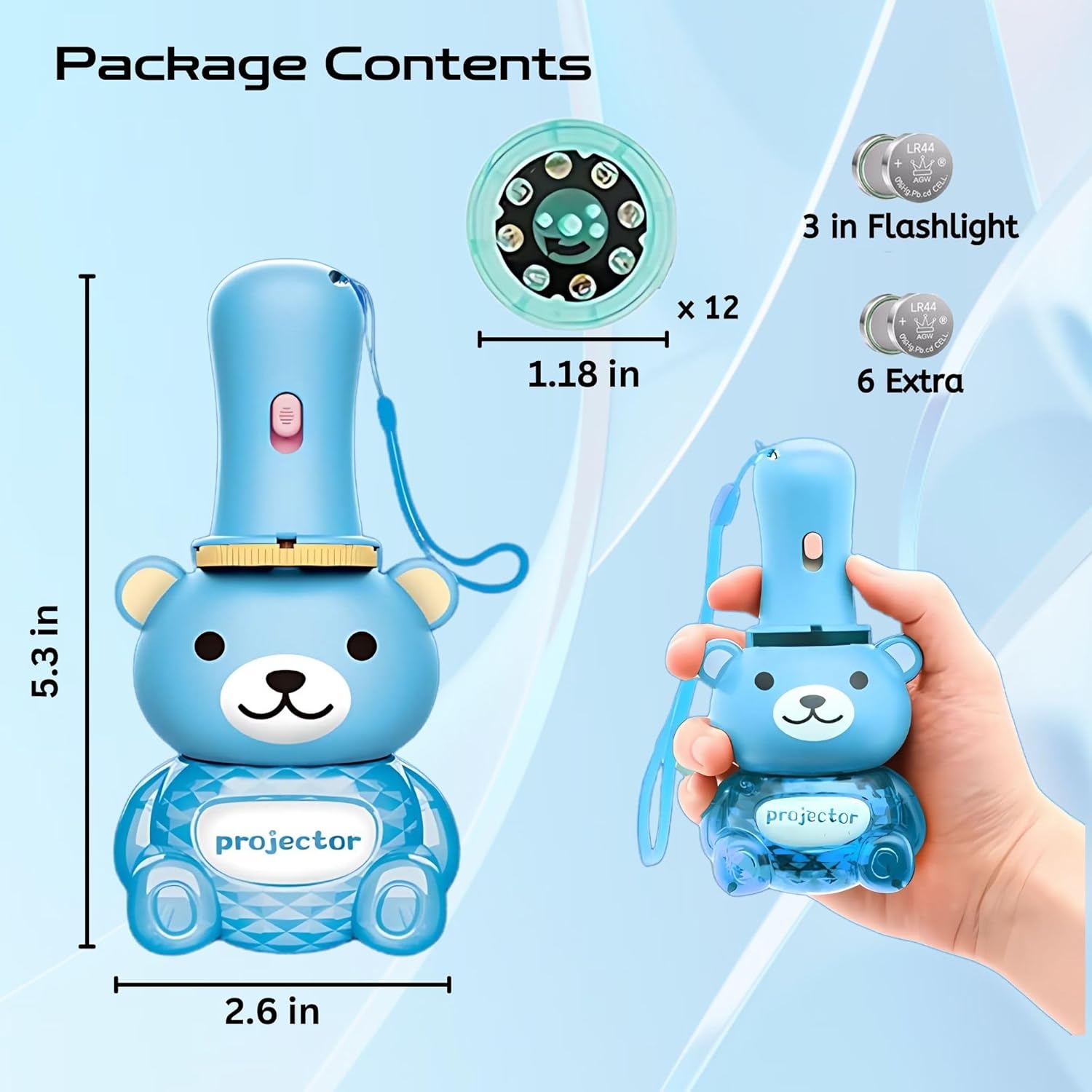 Bear Flashlight Projector for Kids; 96 Projections - 12 Themes; Christmas, Halloween, Letters, Numbers, Animals, Birds, Butterfly, Vehicles, Dinosaurs, Sea, Veggies, Space; Ages 3+ (Blue)