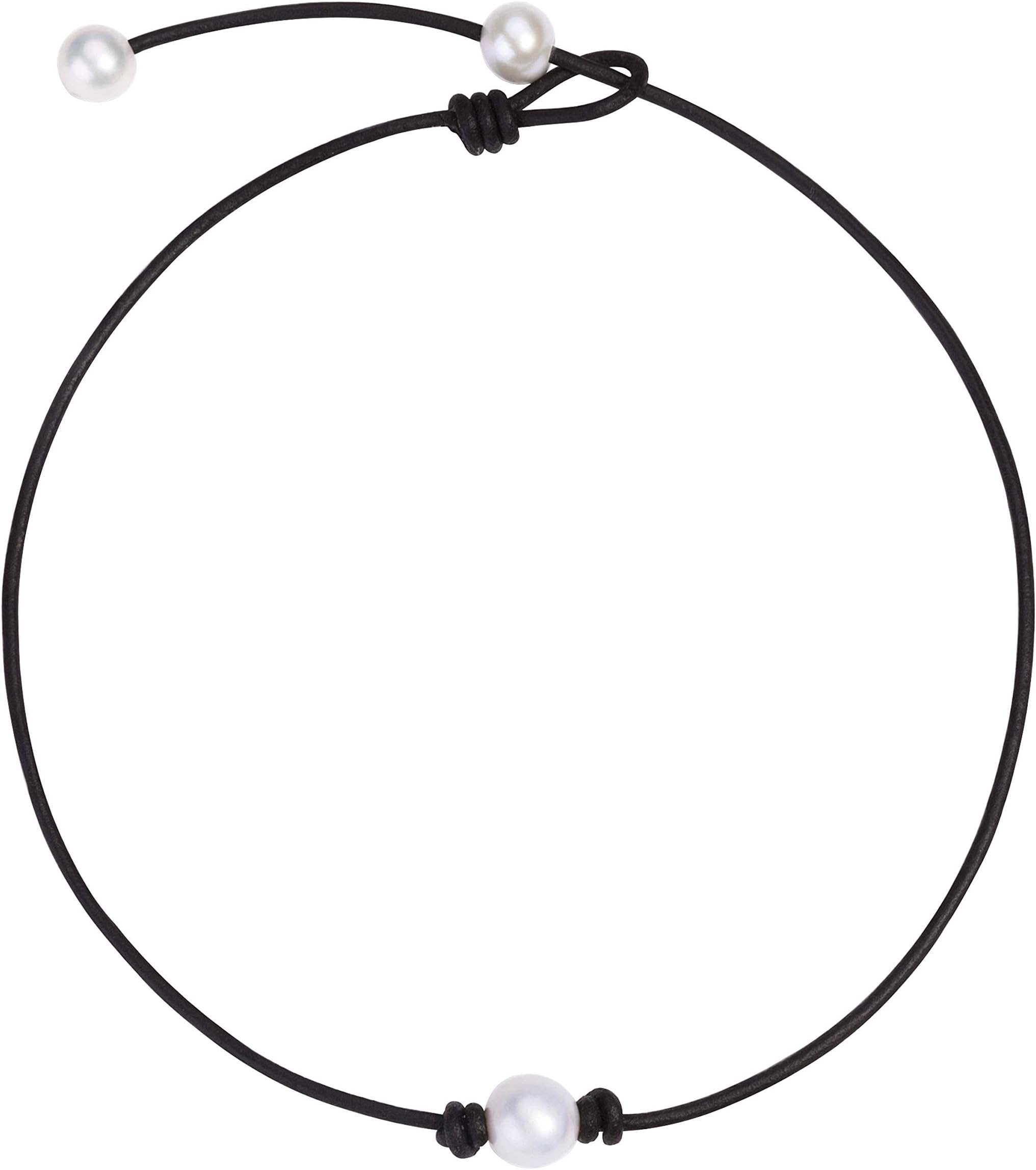 One Single Pearl Choker Necklace on Genuine Leather Cord Adjustable Necklace Handmade Choker Jewelry Gift for Women girls