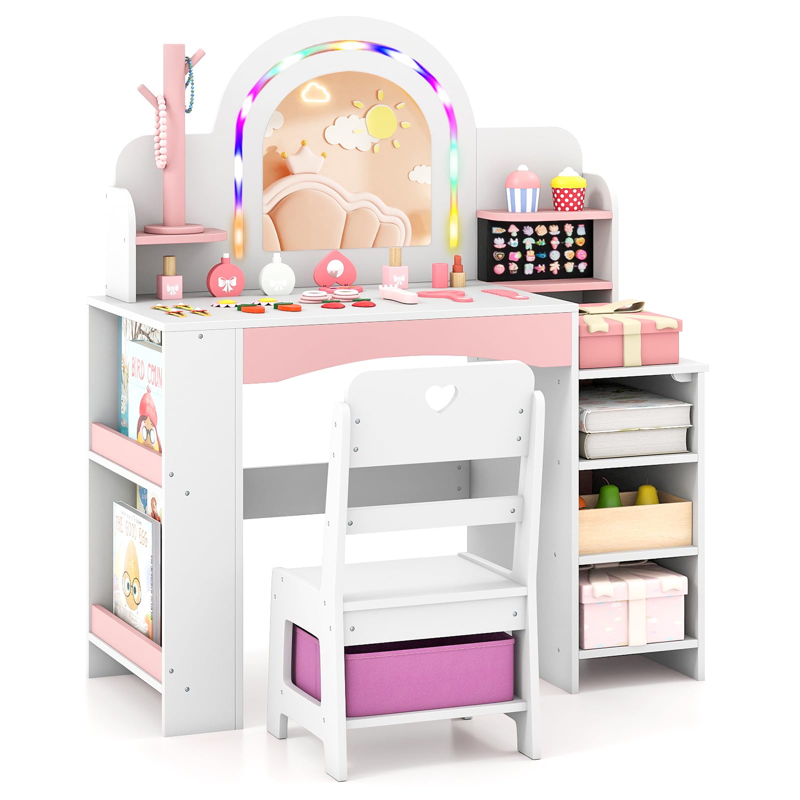 Costzon Kids Vanity, Girls Vanity Set with Lighted Mirror, Bookshelf, Jewelry Storage, Toddler Makeup Vanity Desk Dressing Table, Wooden Kids Vanity Table and Chair Set (White)