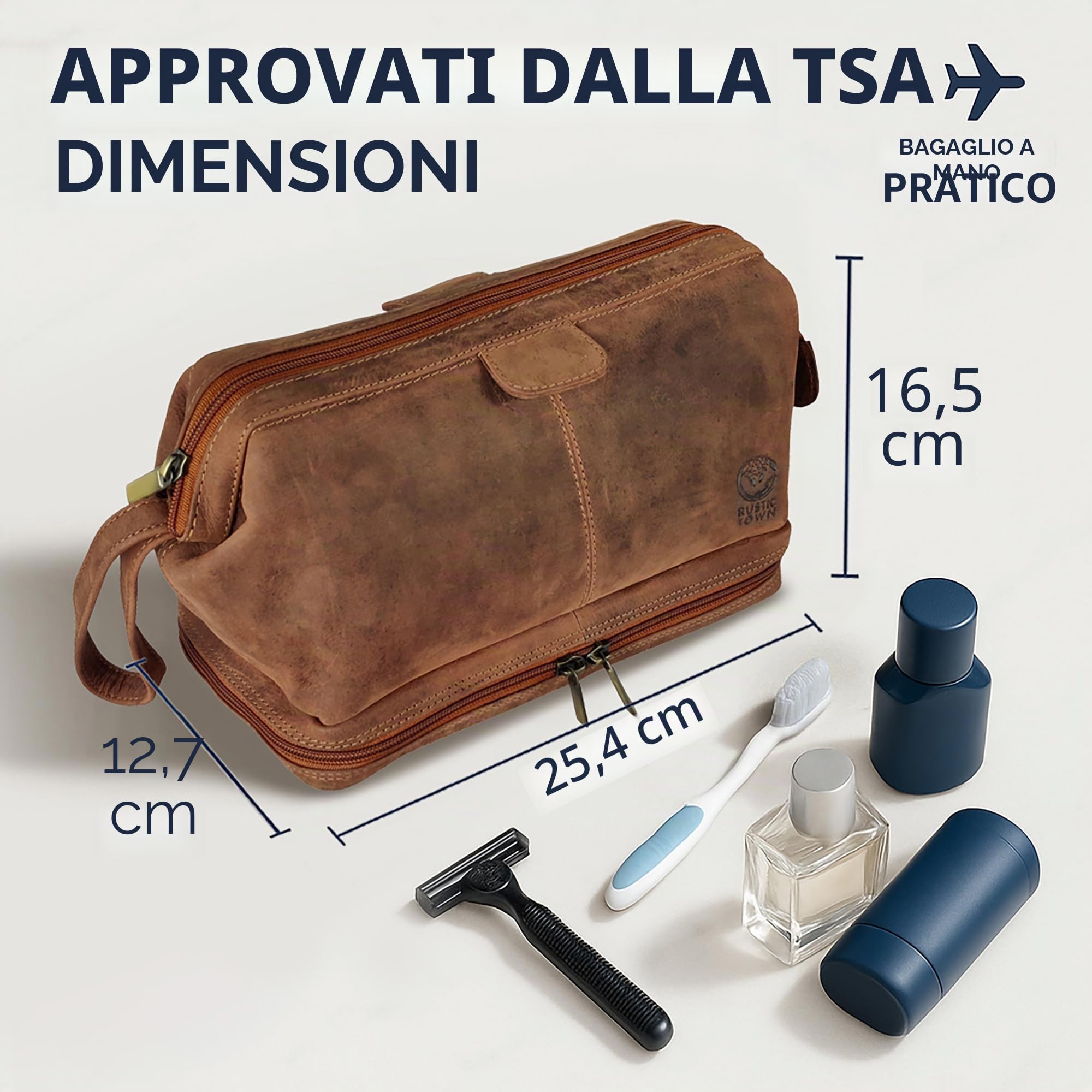 Beauty Case Uomo Pelle - Borsa da Toilette Viaggio Pelle Pieno Fiore | Doppio scomparto, tasca posteriore con zip, fodera impermeabile, organizer barba e profumo, accessori borsa da trucchi donna