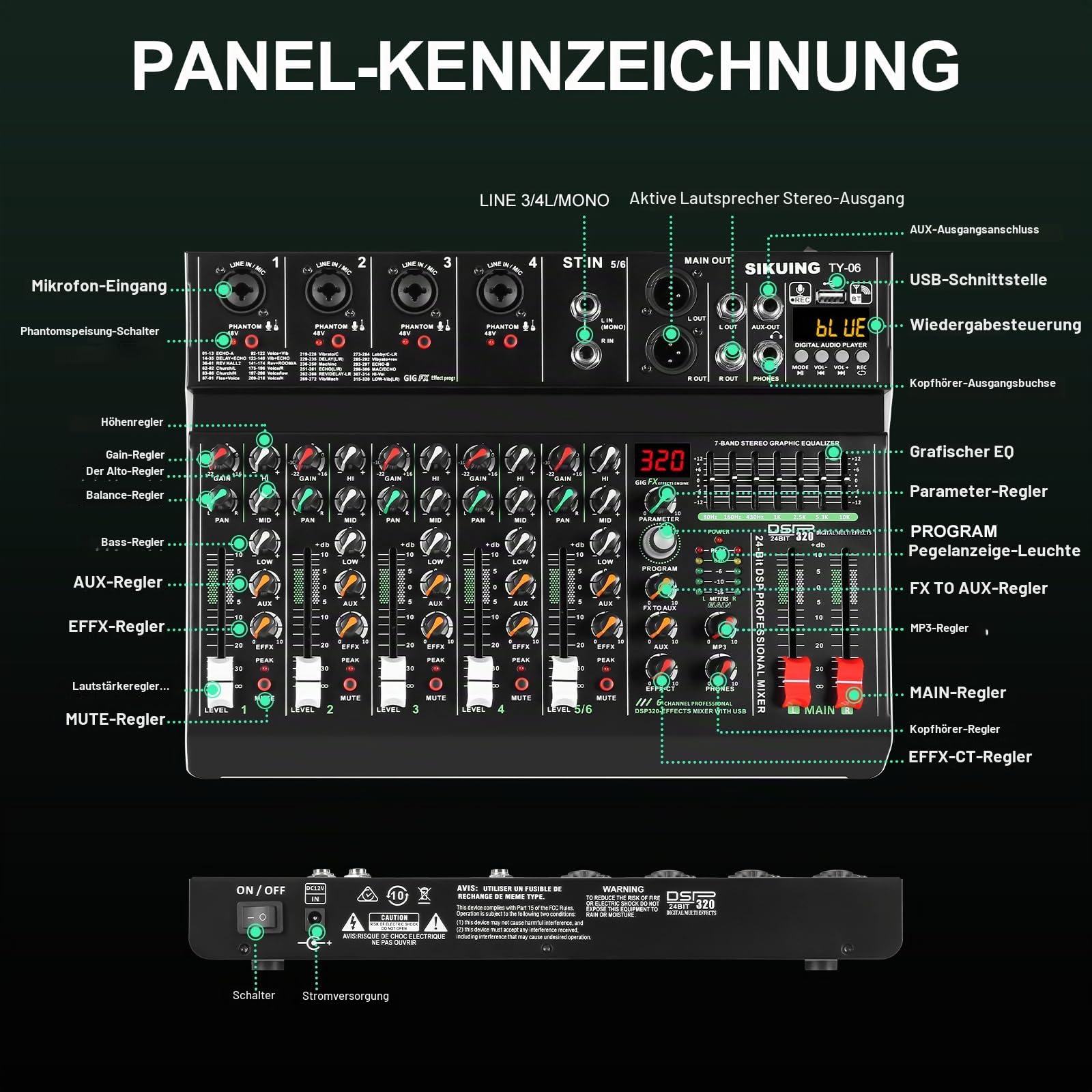 6-Kanal Tragbares Mischpult,Profi Sound Board Audio Mixer,320 DSP-Effekte+7-Band Equalizer,Bluetooth Soundkarte+USB-Schnittstelle,ideal für PC-Aufnahmen,Karaoke-Studio-Effekte & Streaming-Wiedergabe