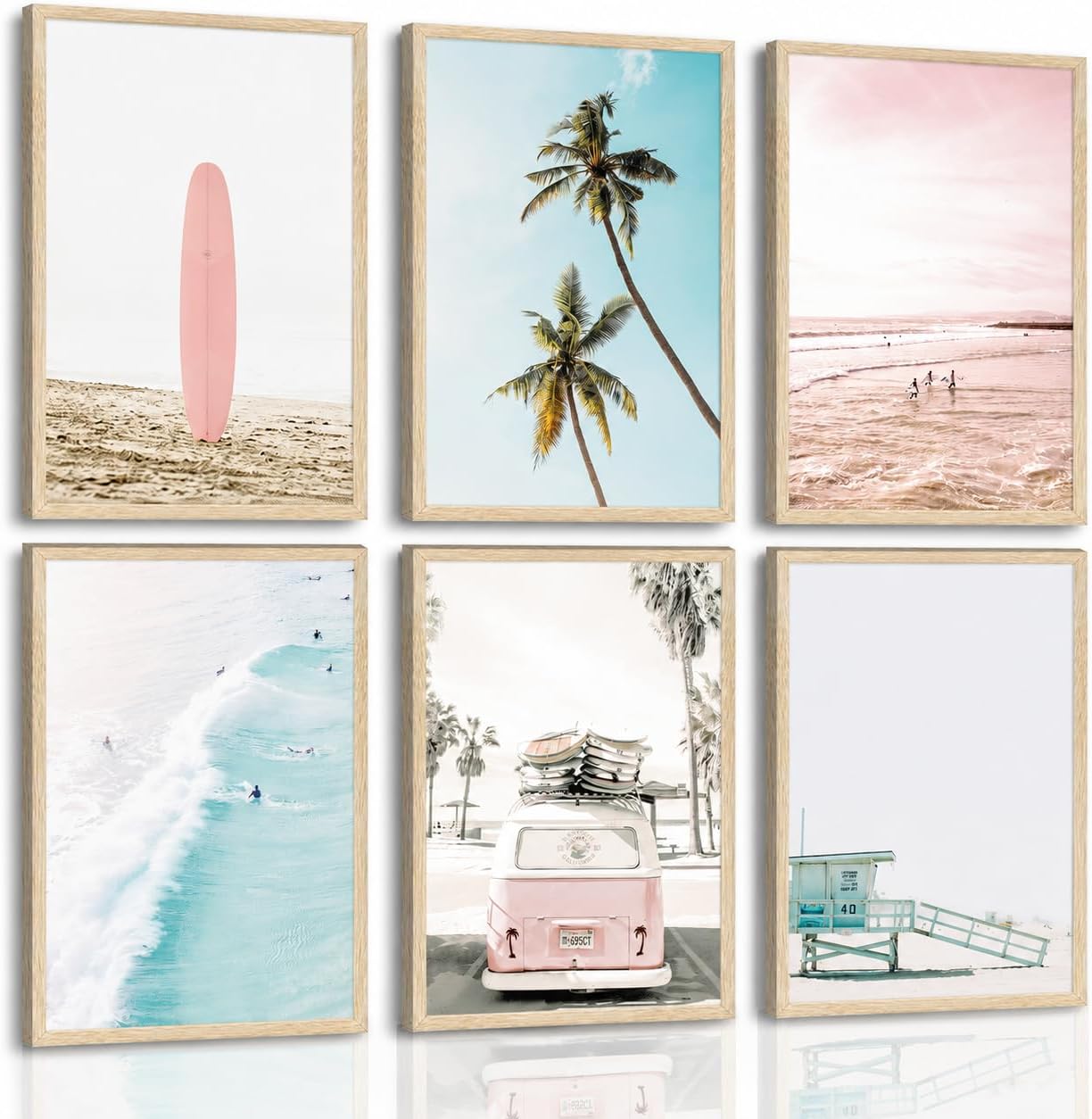 6 Pcs Casual Beach Wall Art 8x10 In Preppy Girl Gallery Wall Decor Tropical Sunbathing Coast Surfboard Bus Canvas Poster Prints Coastal for Bedrooms Living Rooms Ocean View Rooms Dorms