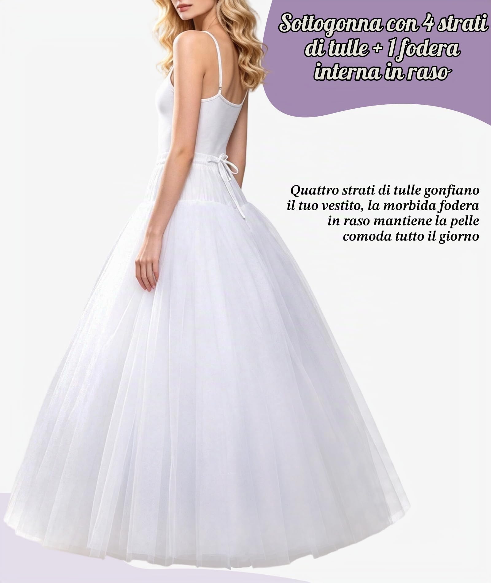 Sottogonna senza crinolina,m svasata, per abito da sposa lungo fino a terra, bianco, taglia unica