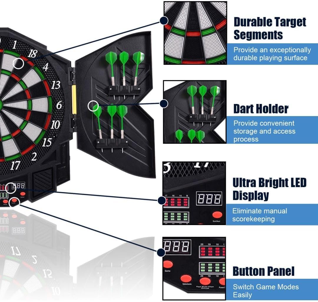 Bersagli Elettronici Per Freccette, Set Professionale Con 216 Modalità Di Gioco, Mobiletto, 4 Display Led Luminosi E 12 Freccette, Punteggio Automatico, Fino A 8 Giocatori.