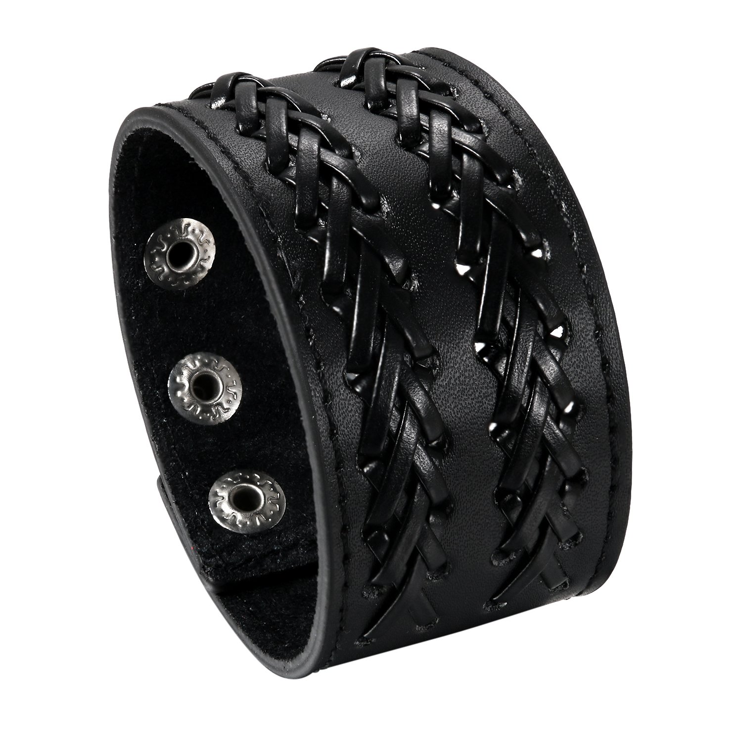 Flongo Pulsera de piel para hombre, grande, ancha, de piel auténtica, brazalete de piel, puño, cinturón negro, marrón, plateado, punk, rock, motociclista, ajustable, accesorios para hombre