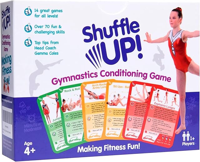 Shuffle Up Gymnastics Jeux de cartes - 70+ Amusant & Cartes de compétences actives pour les enfants, cartes de fitness développer des fondamentaux, l'endurance & La force, facile à jouer pour les enfants. Carte de niveau de compétence multiple inclus 2 Dies