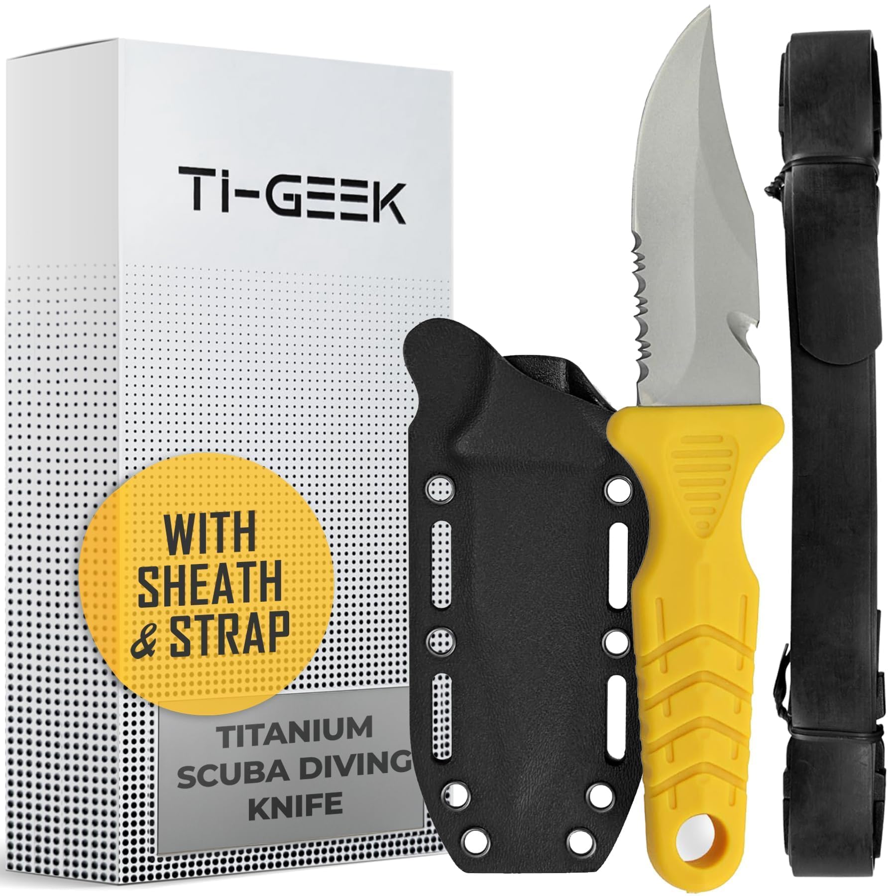 Titanium Survival Scuba Diving Fixed Blade Knife with Sheath & Straps - Holster on Divers BCD, Thigh/Leg, GC Belt Buckle or Wrist, Cutting, Serrated Edge & Line Cutter - Yellow Drop Point