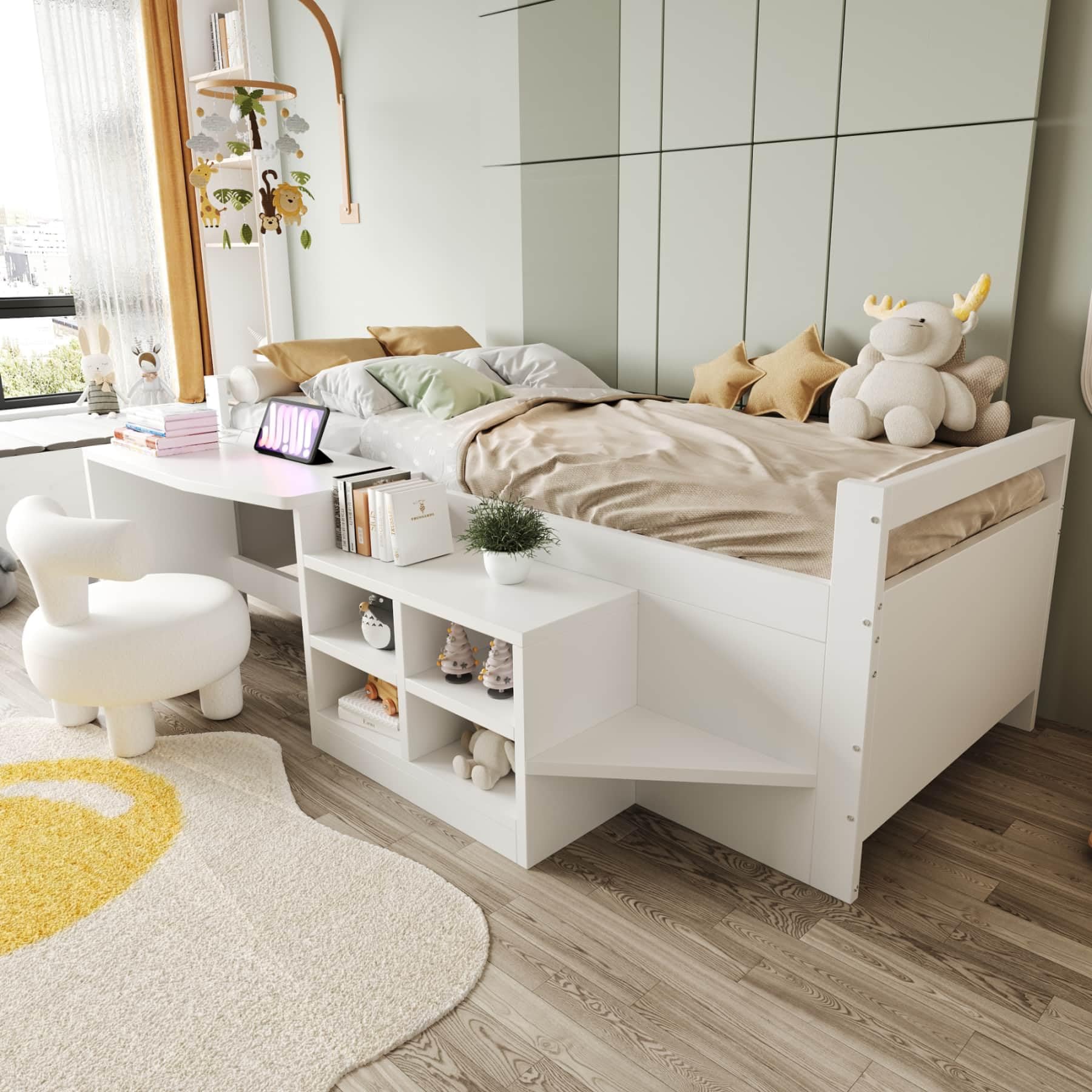 YEHTOKHOME Lit Multifonctionnel en Bois de 90 x 200 cm avec Bureau et Armoire de Rangement,Moderne lit Simple pour Enfant avec 2 Ports USB et Prise électrique(sans Matelas) (B, Blanc)