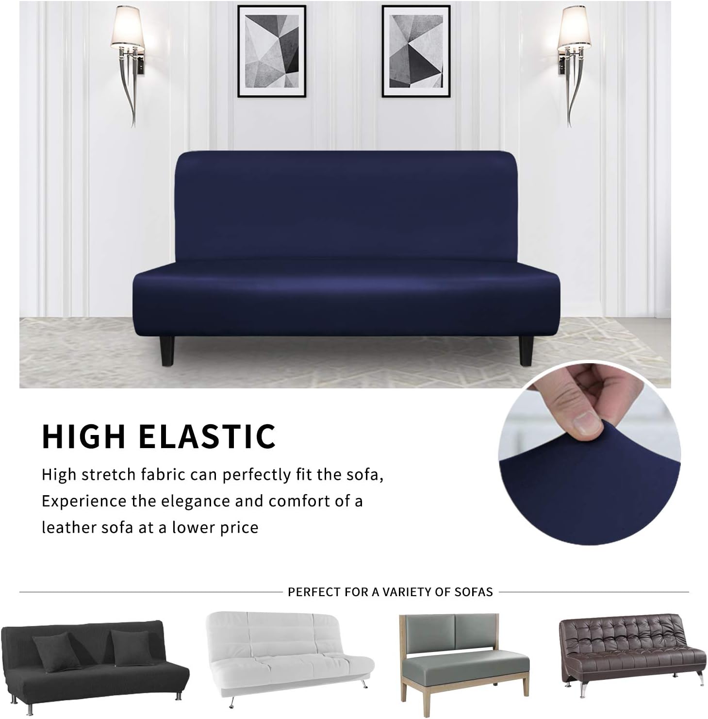 Easy-Going PU Leather Armless Slipcovers Waterproof Stretch Sofa Covers Stretch Furniture Protector Anti-Slip Elastic Strap Shield Pets Kids Children Cats Dogs(Futon,Navy)