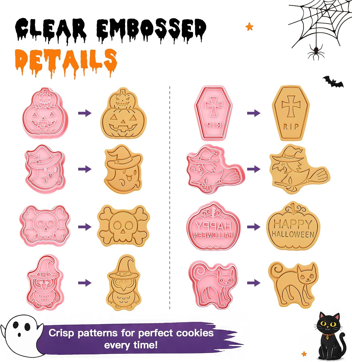 8pcs Halloween Cookie Cutters and Stamps Set, Plastic Cartoon Biscuit Molds, Cute Small Clay Playdough Cutters for Kids Party — Happy Halloween Pumpkin, Ghost, Coffin, Cat, Skull, Owl, Witch, Pink