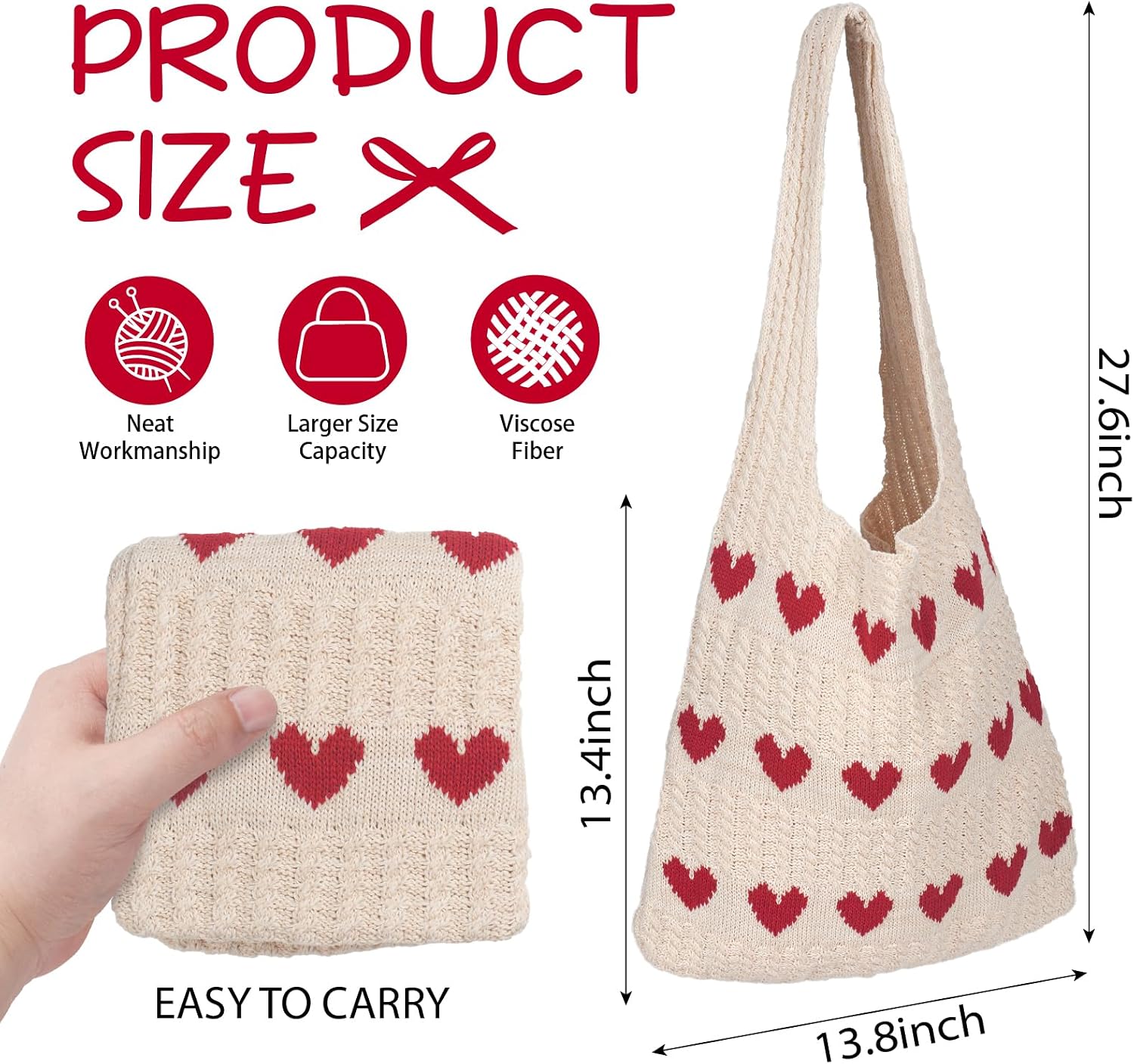 Crochet Tote Bag, Packable Beach Bag Summer Purse, Red Heart Shoulder Handbag, Cute Tote Bag Boho Purse for Vacation Daily Use | Foldable, Lightweight, Easy To Carry