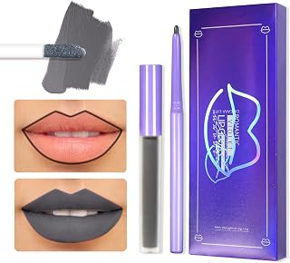 DAGEDA Matte Liquid Lipstick, 2Pcs Lip Liner and Lipstick Set,Waterproof Long-lasting Matte Lipstick Makeup Set, Non-Stick Cup Velvety Lip Stain Lip Gloss, Halloween Makeup Lipsticks Gift Set (Gray)