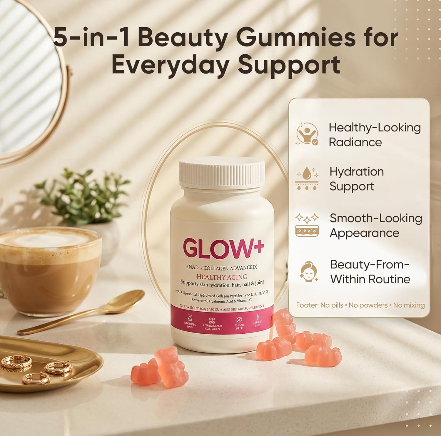 Jovi Glow+ NAD+ & Collagen Gummies, Multi-Type Hydrolyzed Collagen Peptides with Resveratrol, 90 Count