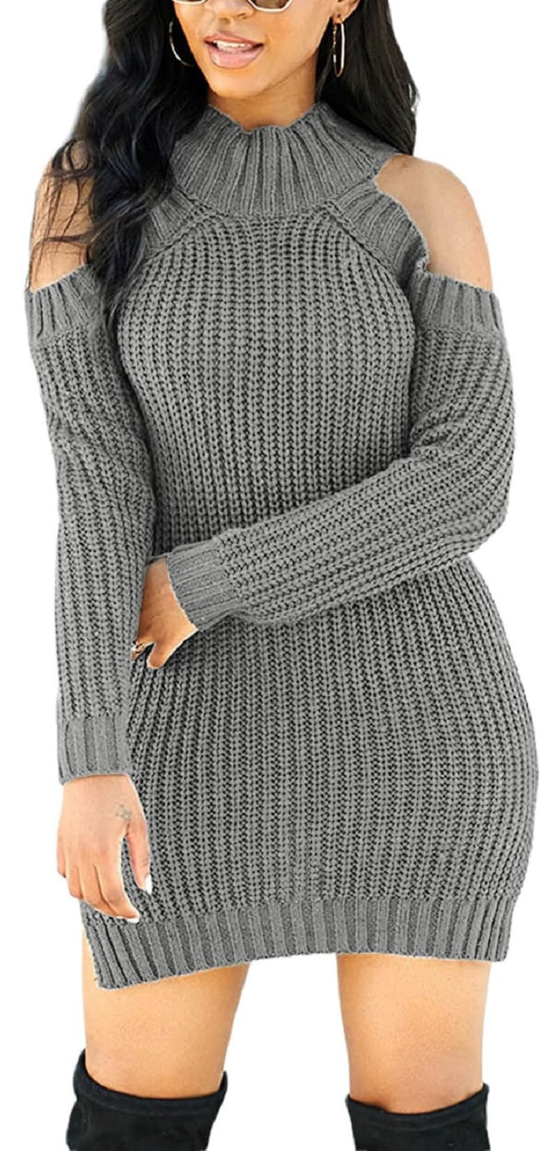 SxClub Women's Winter Sweater Dresses Sexy Cold Shoulder Pullover Dress